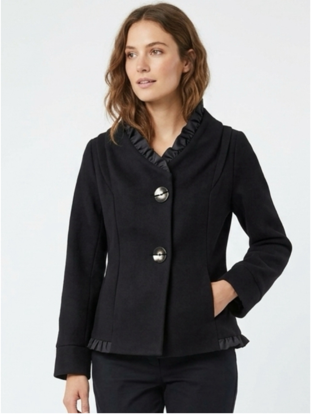 LILIBLEU Black Ruffle Trim Open Portrait Collar Asymmetric Jacket - Size Medium